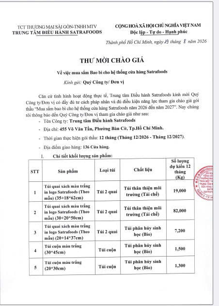 THƯ MỜI CHÀO GIÁ THÁNG 08/2026