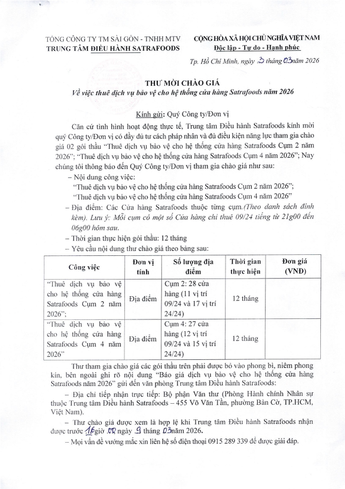 THƯ MỜI CHÀO GIÁ THÁNG 03/2026