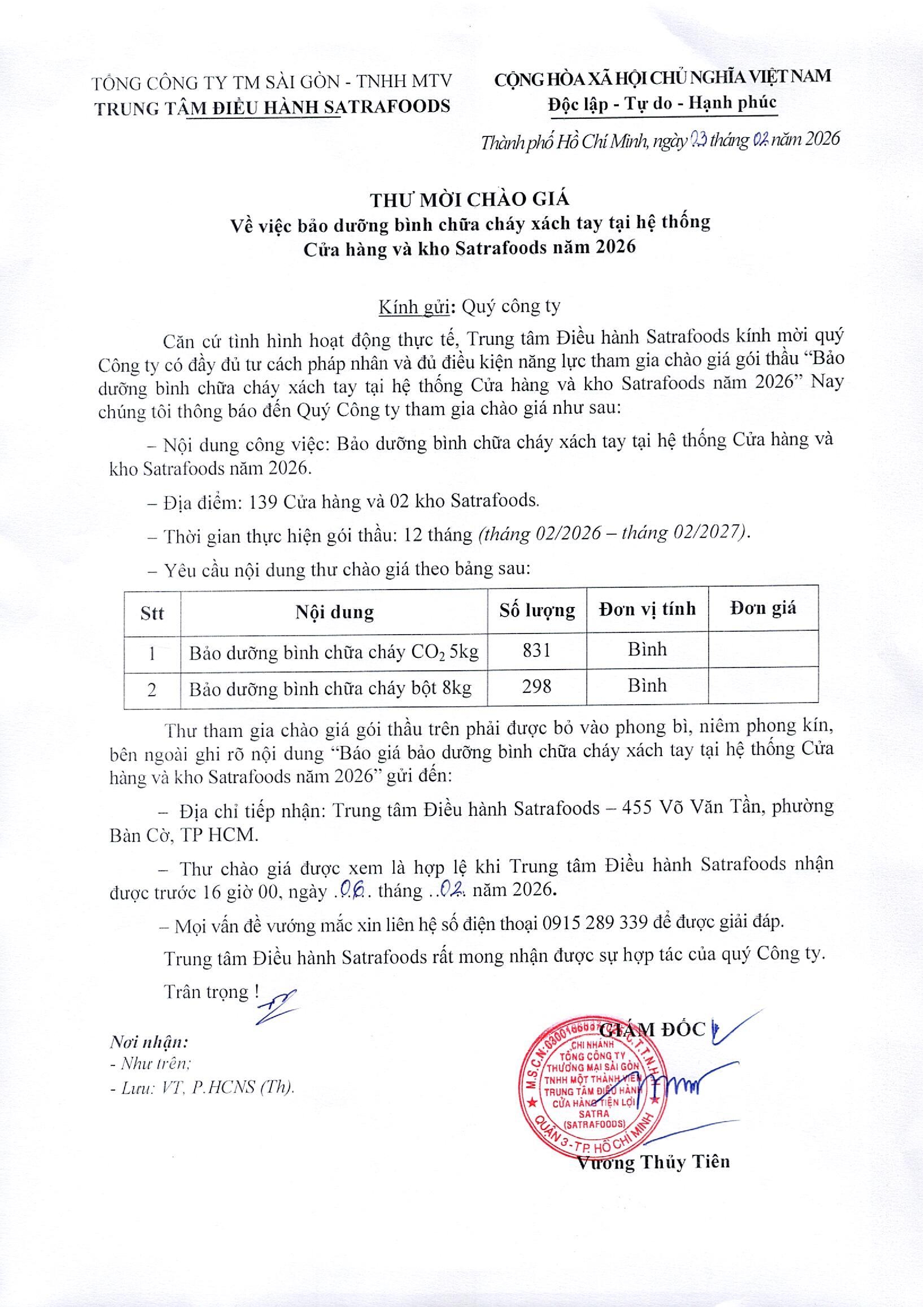 THƯ MỜI CHÀO GIÁ THÁNG 02/2026