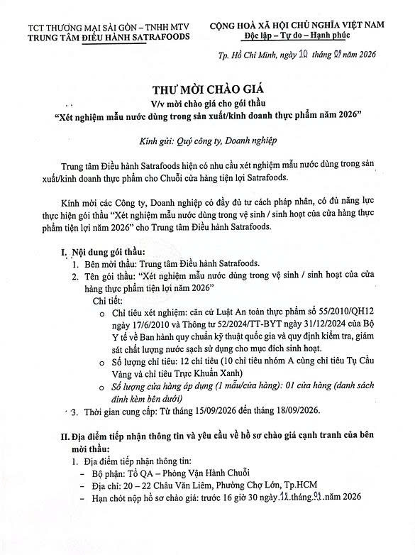 THƯ MỜI CHÀO GIÁ THÁNG 09/2026