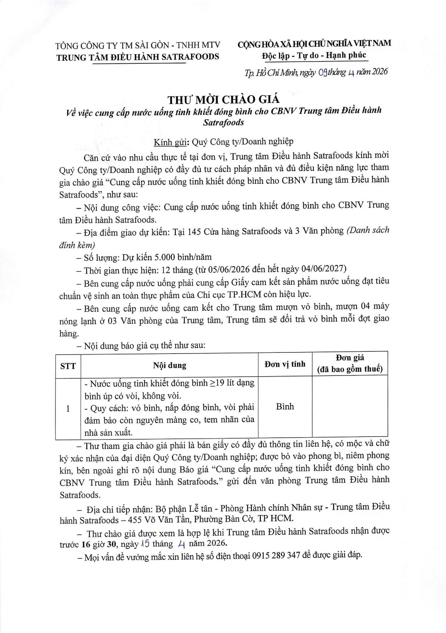 THƯ MỜI CHÀO GIÁ THÁNG 04/2026