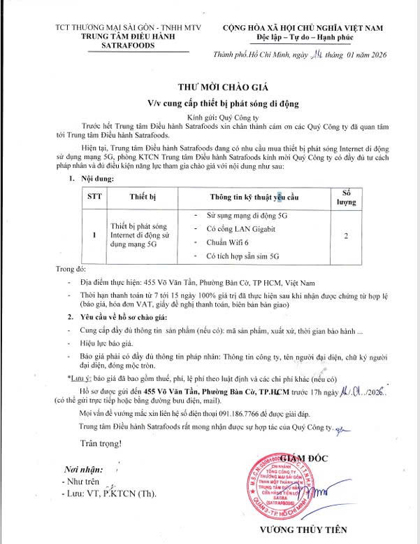 THƯ MỜI CHÀO GIÁ THÁNG 01/2026
