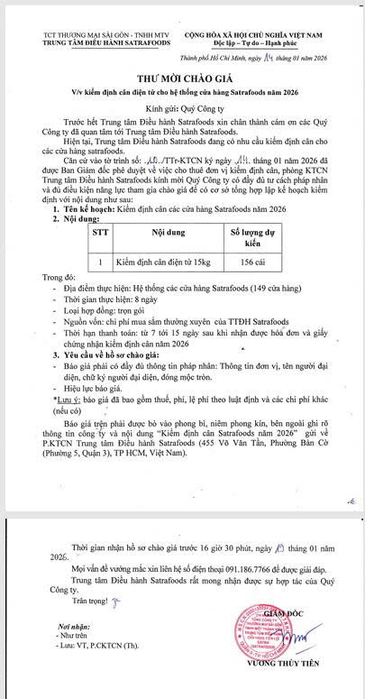 THƯ MỜI CHÀO GIÁ THÁNG 01/2026