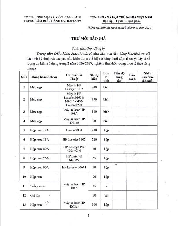 THƯ MỜI CHÀO GIÁ THÁNG 03/2026