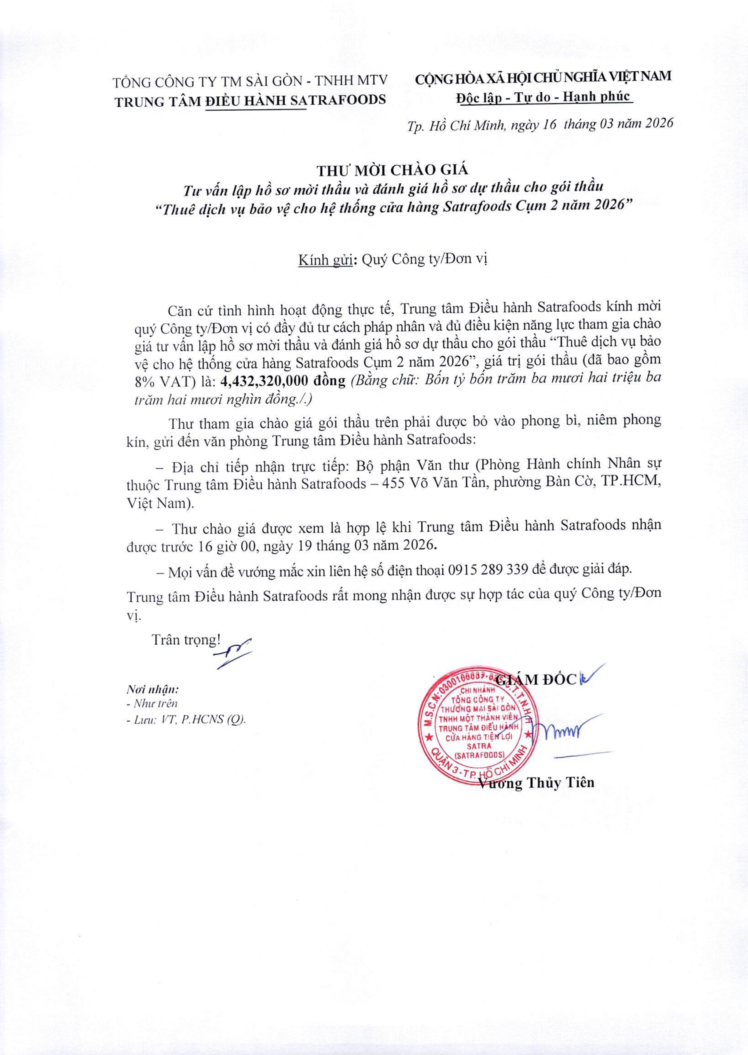 THƯ MỜI CHÀO GIÁ THÁNG 03/2026