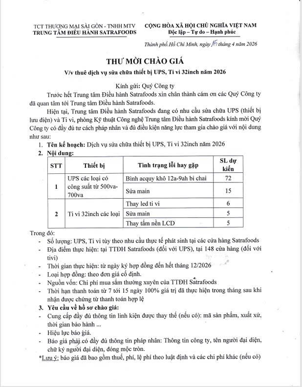 THƯ MỜI CHÀO GIÁ THÁNG 04/2026