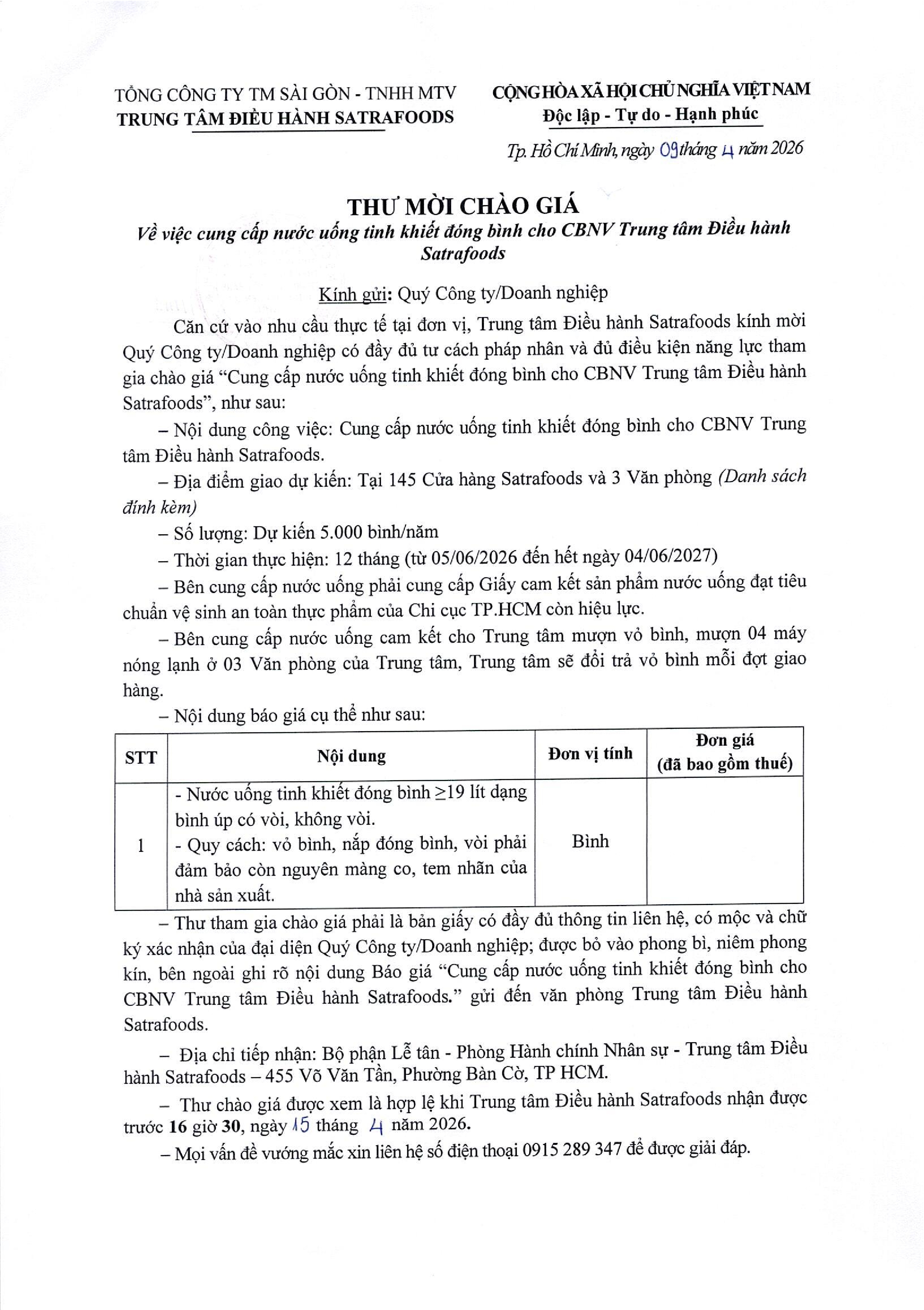 THƯ MỜI CHÀO GIÁ THÁNG 04/2026