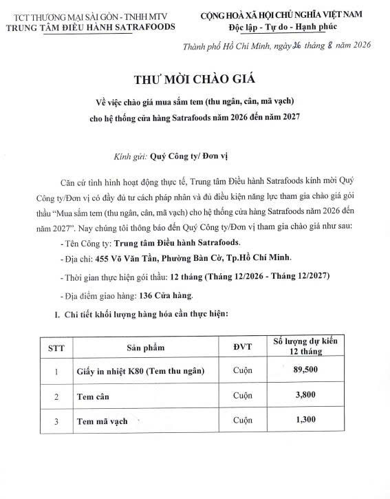THƯ MỜI CHÀO GIÁ THÁNG 08/2026