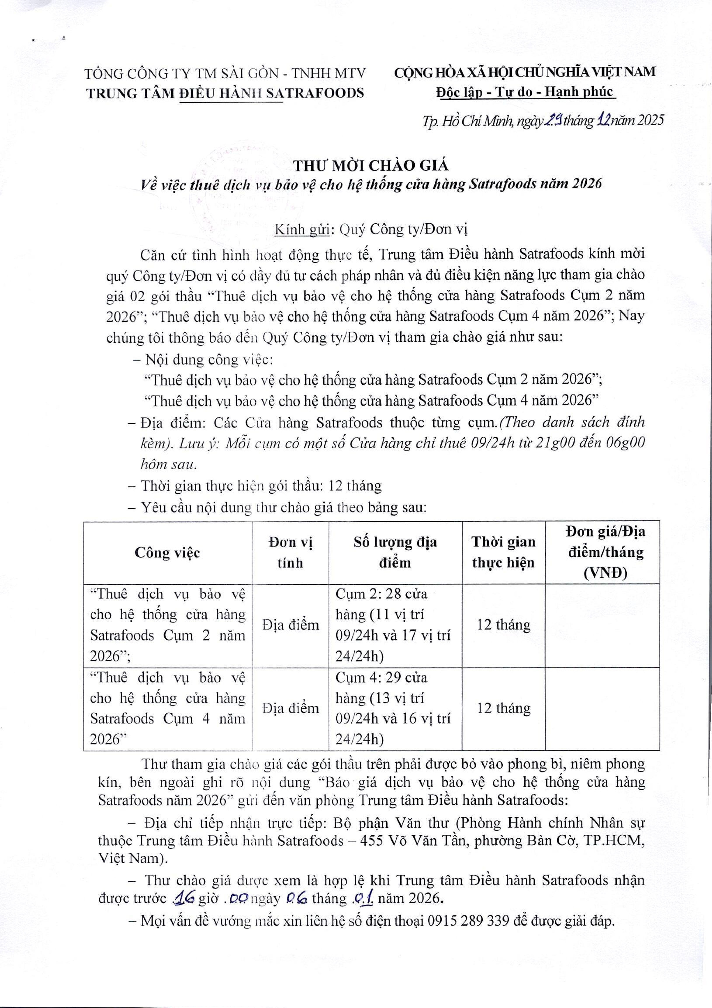 THƯ MỜI CHÀO GIÁ THÁNG 12/2025
