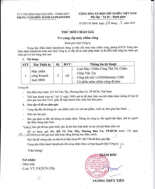 THƯ MỜI CHÀO GIÁ THÁNG 09/2026