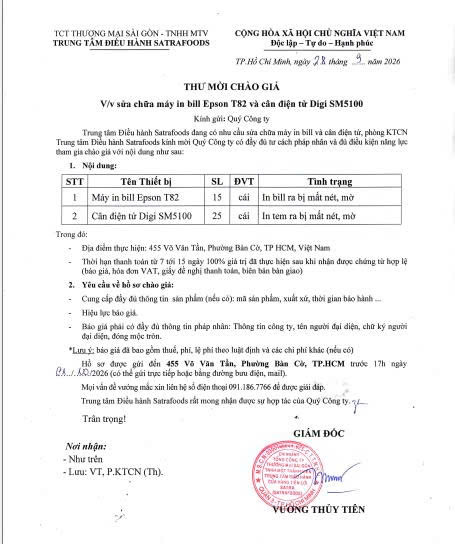 THƯ MỜI CHÀO GIÁ THÁNG 09/2026